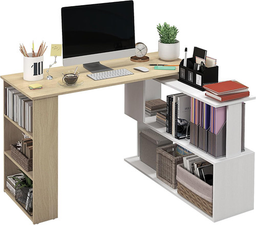 Shaped desk with bookshelf - l,