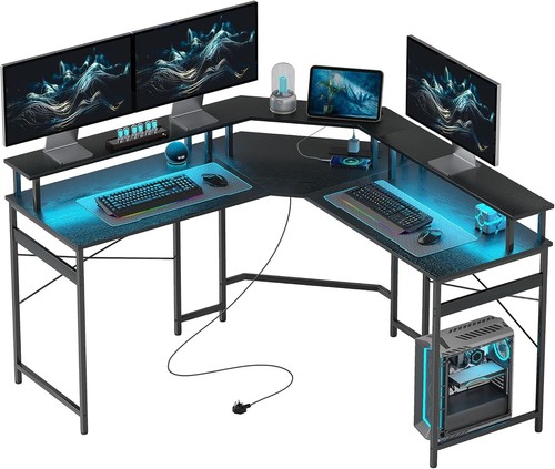 Shaped desk with - l, power